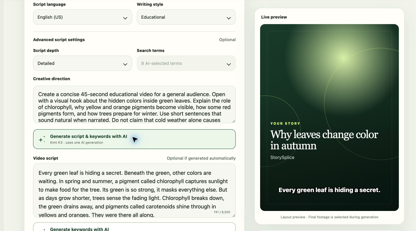 StorySplice editor showing the autumn leaves creative direction and AI-generated first script